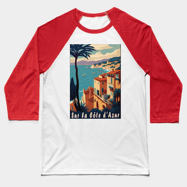 Sur la Cote d Azur vintage travel poster Baseball T-Shirt by GreenMary Design